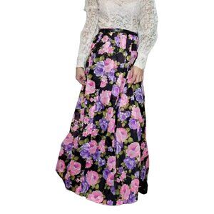 Vintage 60s 70s Dayglo Pink Purple Midnight Rose Floral Flowy Maxi Skirt Size 8*